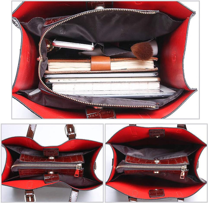 Coolives Damen Set Handtaschen mit 2 Stück Krokodil-Muster Schultertasche Umhängetasche EINWEG Braun