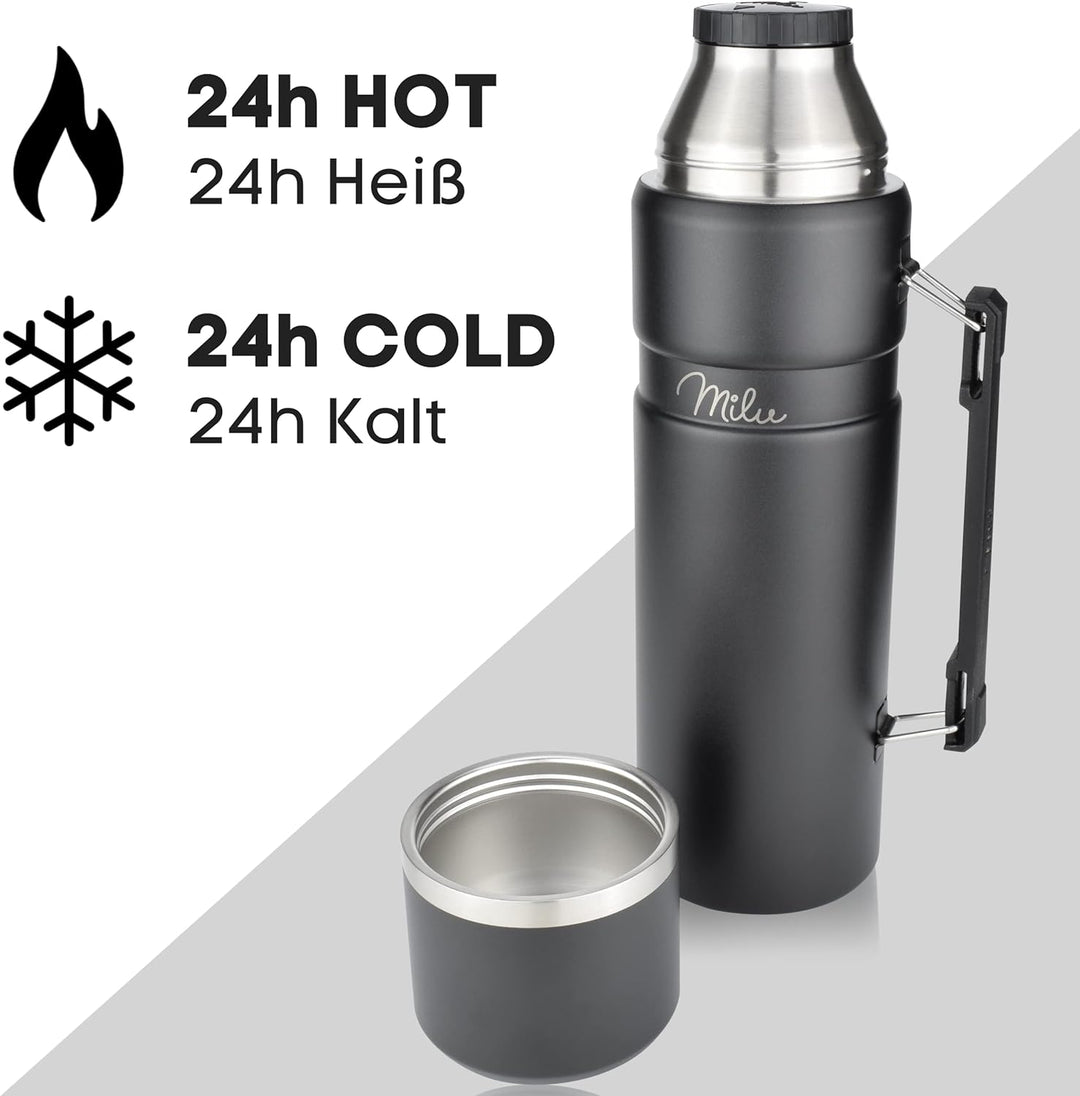 Milu Thermoskanne 1L - Thermosflasche mit Griff - Isolierflasche - Isolierte Edelstahl Trinkflasche,