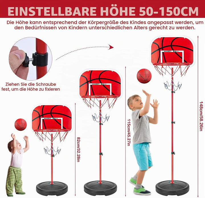 Basketballkorb Outdoor für Kinder,Inkl.2X Netze,3X Basketball,Pumpe &amp; Installationstools,50–150cm Hö