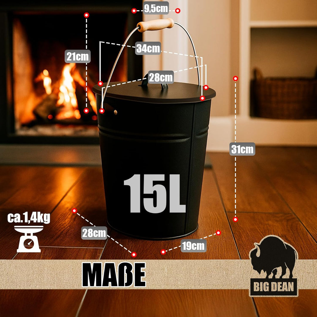 BigDean Ascheeimer mit Deckel 15 Liter mit Griff Ascheimer Oval
