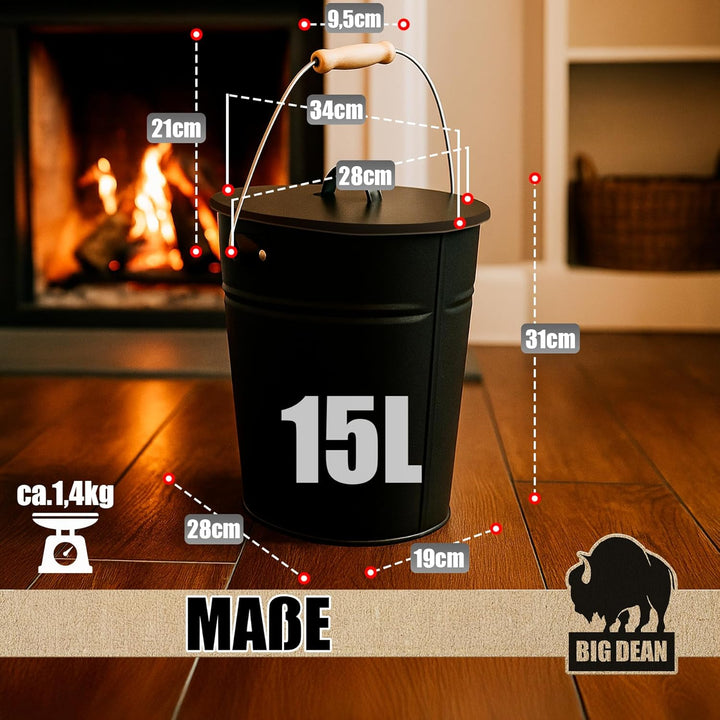 BigDean Ascheeimer mit Deckel 15 Liter mit Griff Ascheimer Oval