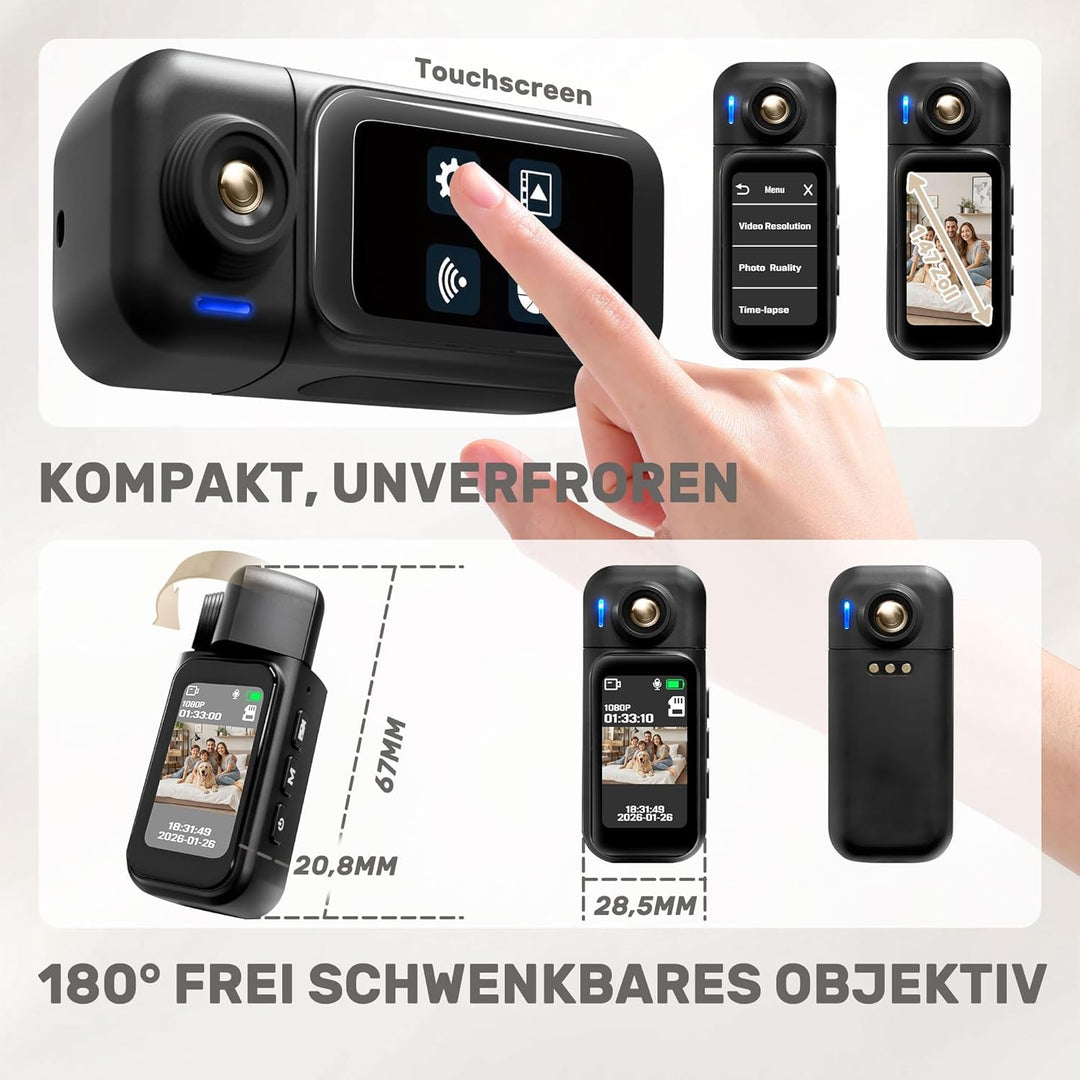 Mini Action Cam 1080P,Body Cam, Wasserdicht 30M,180 Min Akku,Bodycam Körperkamera Mini mit 180° Obje