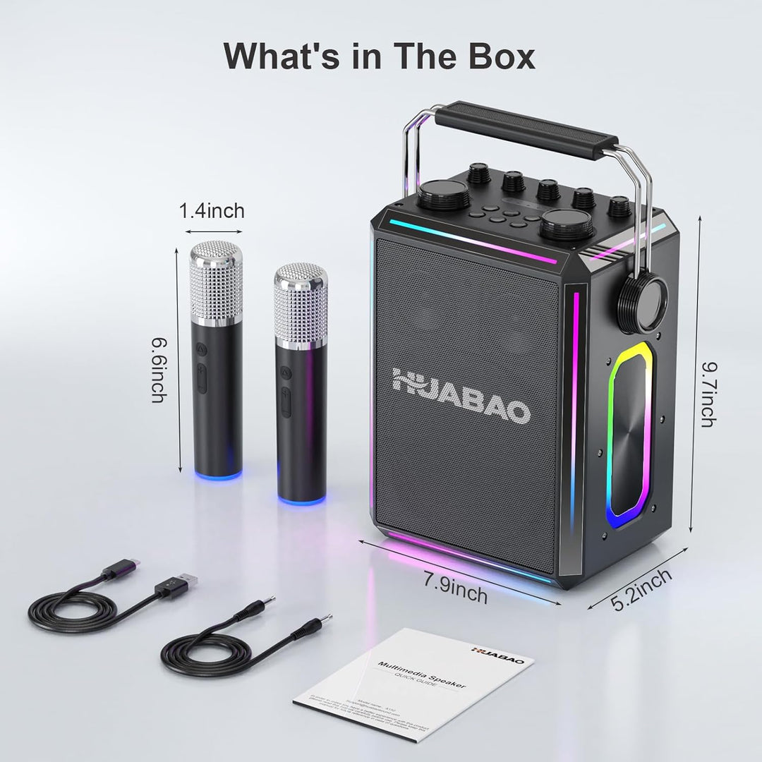 Tragbarer Bluetooth-Karaoke-Lautsprecher mit 2 kabellosen Mikrofonen, RGB-Beleuchtung, Höhen- und Ba