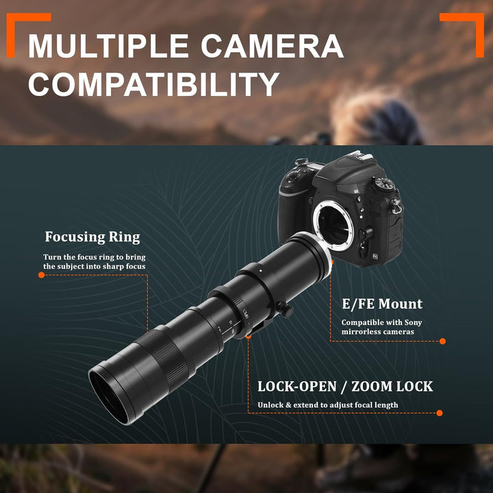 Teleobjektiv für Sony E, 420-800mm Zoomobjektiv, Manueller Fokus (MF) für Sony A7C A7R A7S A7 A9 A67