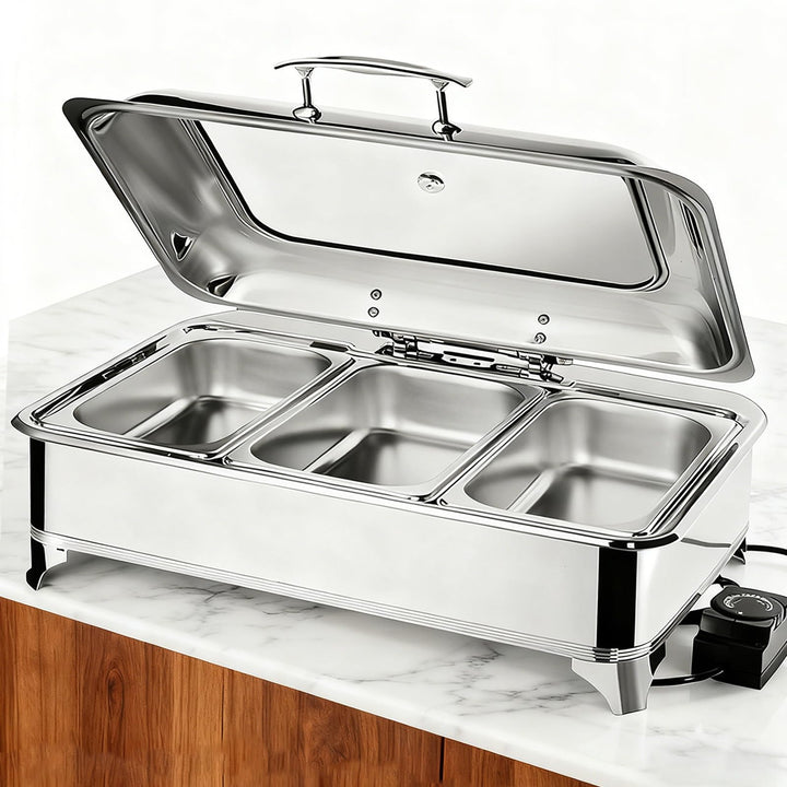 Chafing Dish Elektrisch 9L, Elektrische Speisewärmer Buffetwärmer mit Sichtbarem Glasdeckel, Kommerz