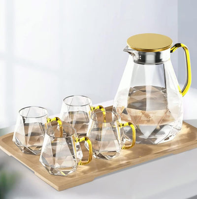 DUJUST Glaskaraffe mit Deckel 2 Liter, mit 4 Tassen, 1 Tablett, Wasserkaraffe im Modernen Schwarz Di