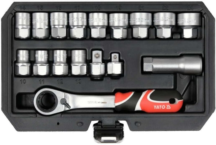YATO YT-38653, Durchgangs-Steckschlüssel-Set, 17-teilig, Schnellspanner, 1/2 Zoll, 3/8 Zoll, reversi