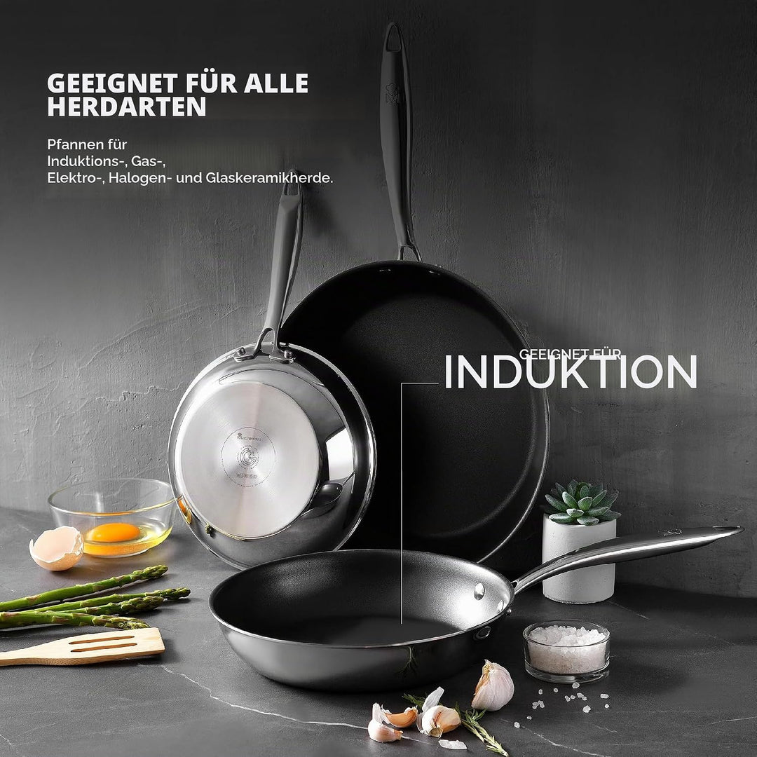 MasterPRO Argent 3 - Pfannen- und Messerset - Drei Hochleistungs-Edelstahlpfannen 28, 24 und 20 cm -