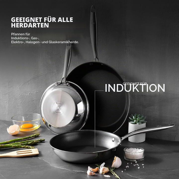 MasterPRO Argent 3 - Pfannen- und Messerset - Drei Hochleistungs-Edelstahlpfannen 28, 24 und 20 cm -