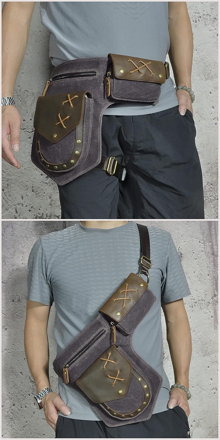 Le'aokuu Herren Canvas und Echtleder Wasserdichte Hüfttasche Umhängetasche Brusttasche Bauchtasche H