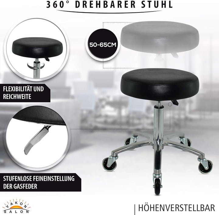 VAKON SALON - Premium Rollhocker höhenverstellbar von 50 bis 65 cm - Rundsitz- Drehhocker Arbeitshoc