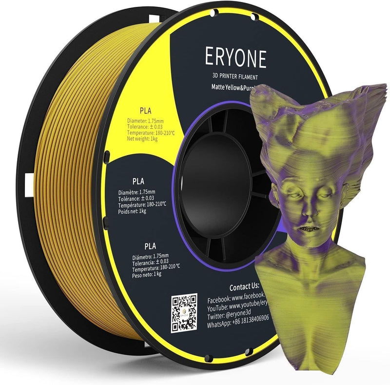 ERYONE Matte Zweifarbig PLA 3D Drucker Filament 1,75 mm +/- 0,03 mm, 1KG f¨¹r 3D-Drucker, Gelb & Lil