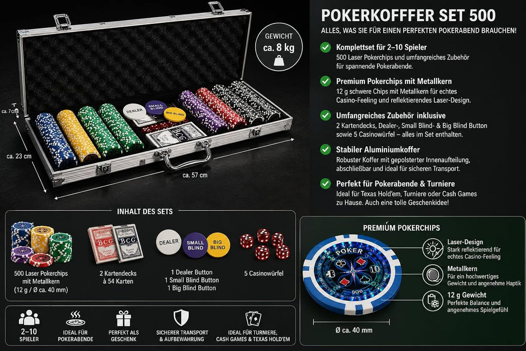 Nexos Pokerkoffer Pokerset 500 300 Laser Pokerchips Poker Komplett Set 12 g Chips Deluxe Grösse wähl