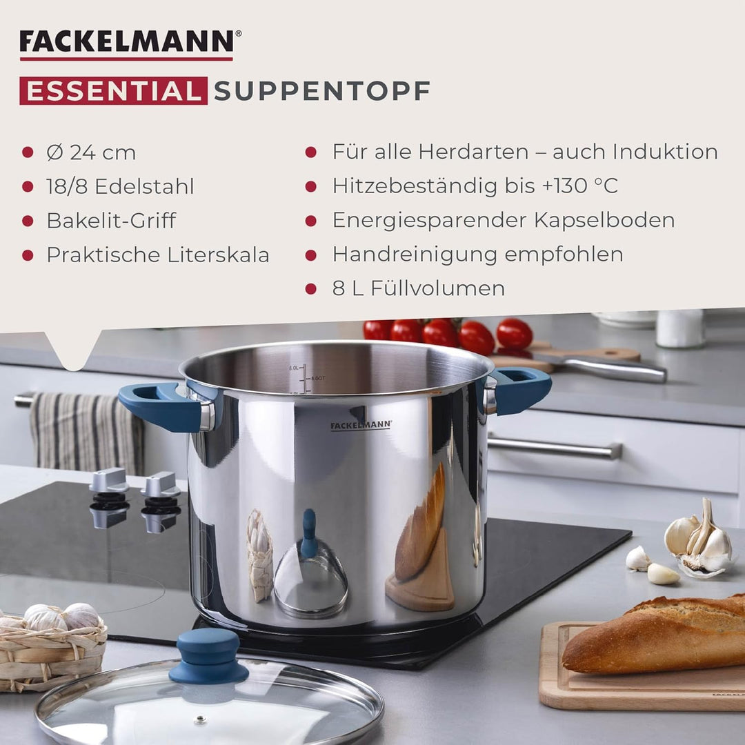 Fackelmann Suppentopf Essential, Ø 24 cm, 9L, Hochwertiger Edelstahl, ergonomische Bakelit-Griffe, f