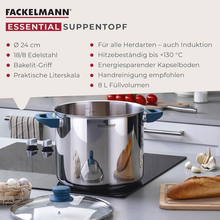 Fackelmann Suppentopf Essential, Ø 24 cm, 9L, Hochwertiger Edelstahl, ergonomische Bakelit-Griffe, f
