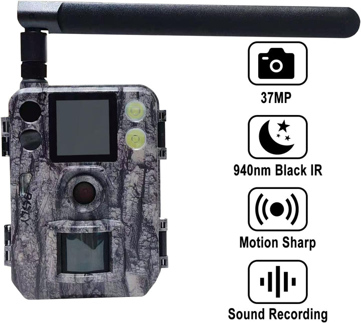 Wildkamera,4G 37MP Fotofalle 940nm Schwarz IR Kein Glanz IP68-Schutzklasse Überwachungskamera Wildti