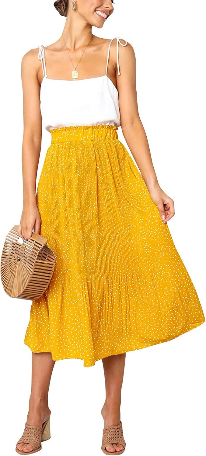 Hoerev Frauen Print Punkt mit Taschen Falten Langer Rock Beach Party Maxi Rock S Gelb Punkt, S Gelb