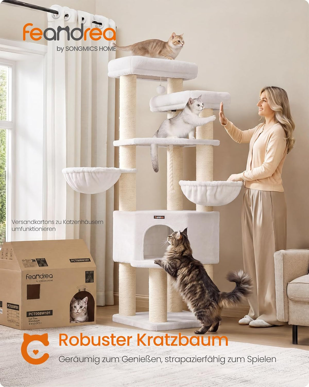 Feandrea Kratzbaum gross, mehrstöckiger Katzenbaum, XXL, 55 x 55 x 186,7 cm, 11 cm d Dicke Sisalstäm