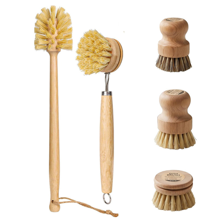 5 Stück Bambus Spülbürsten-mit Spülbürste Holz, 14’’ Flaschenbürste, Ersatzköpfen, Abwaschbürste*2 -