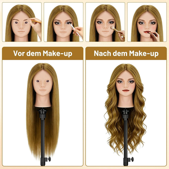 TwoWin Friseurkopf mit Haaren, 26 Zoll (66 cm) 80% Echthaar Mannequin Kopf, Make-up Übungskopf Haar