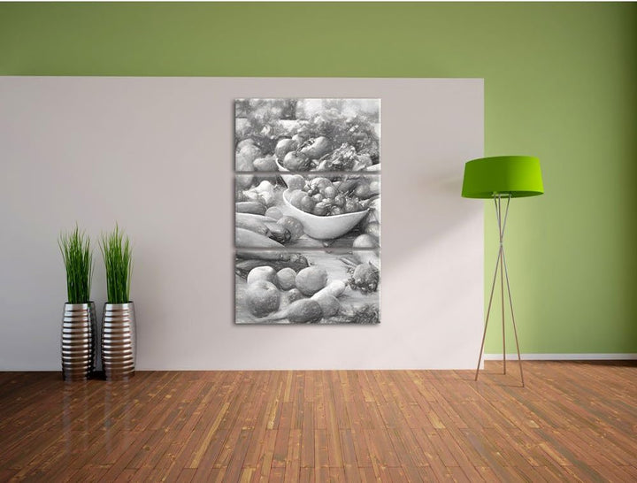 Pixxprint Buntes Obst und Gemüse Kohle Zeichnung Effekt 3-Teiler Leinwandbild 120x80 Bild auf Leinwa