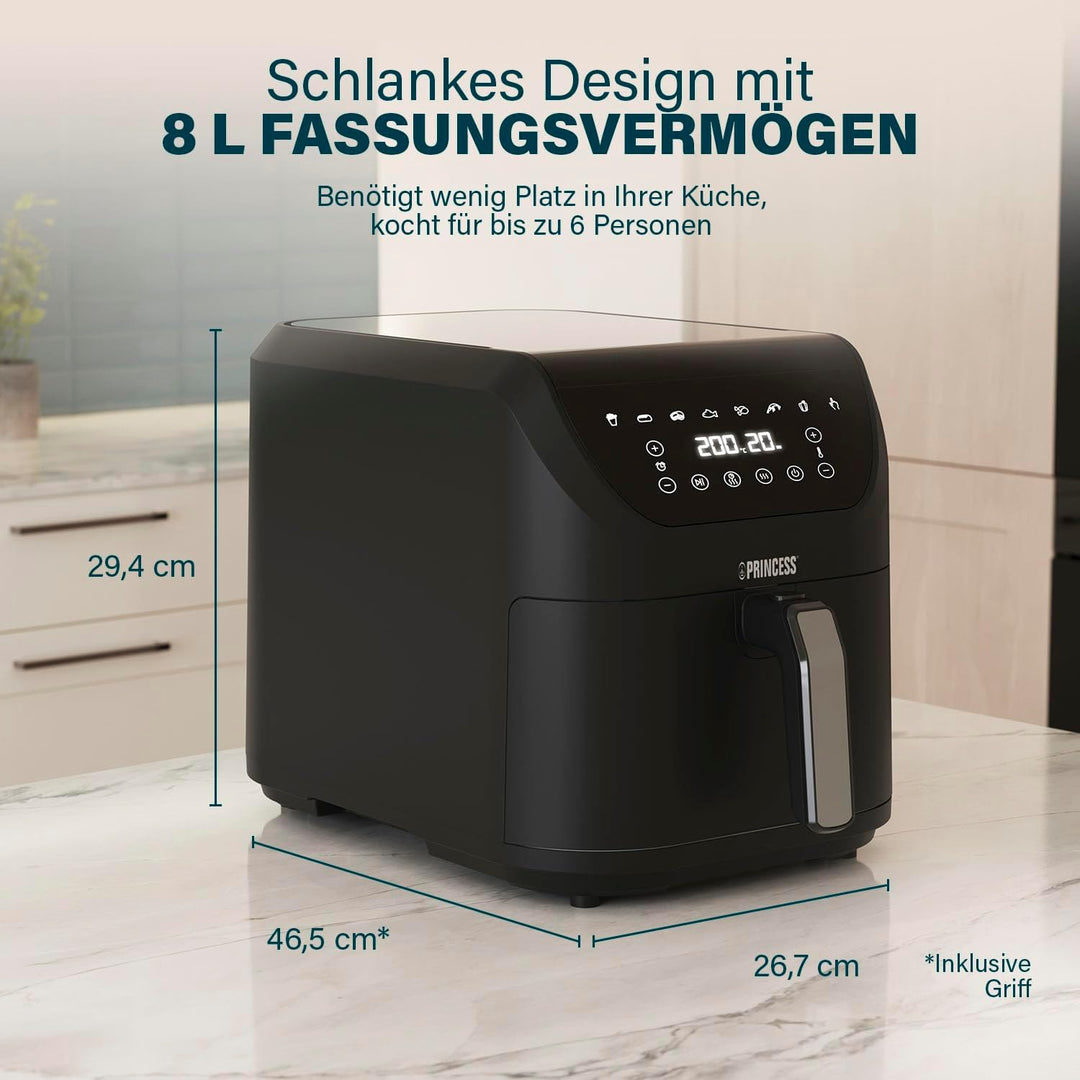Princess SlimFry Heissluftfritteuse - Platzsparendes Design - BPA-frei - 8 L - 8 Programme - Einstel