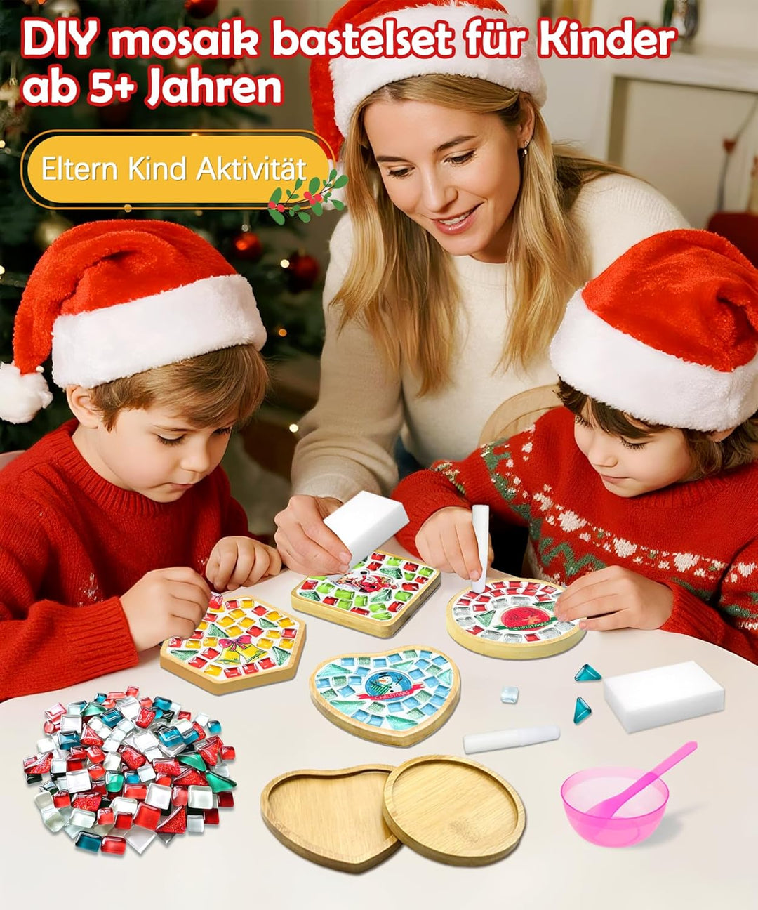 Finsink Mosaik bastelset kinder 4pcs Weihnachten Mosaik Untersetzer Bastelset DIY Holz Untersetzer S