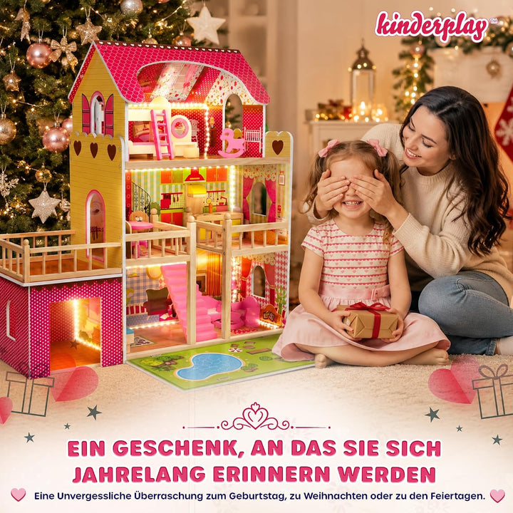 Kinderplay Puppenhaus Holz Gross, Puppenvilla, Puppenhaus Holz Gross komplett - Barbie Traumvilla, B