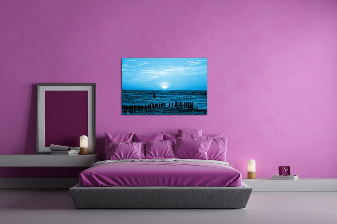 Sonnenuntergang an der Ostsee Format 80x60 Effekt: Monocrome Blau als Leinwandbild, Motiv fertig ger