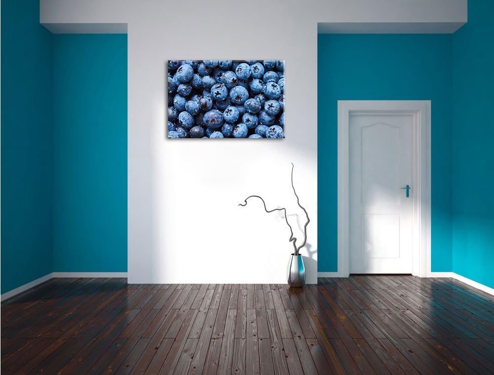 Pixxprint Blaubeeren mit Wassertropfen / 100x70cm Leinwandbild bespannt auf Holzrahmen/Wandbild Kuns