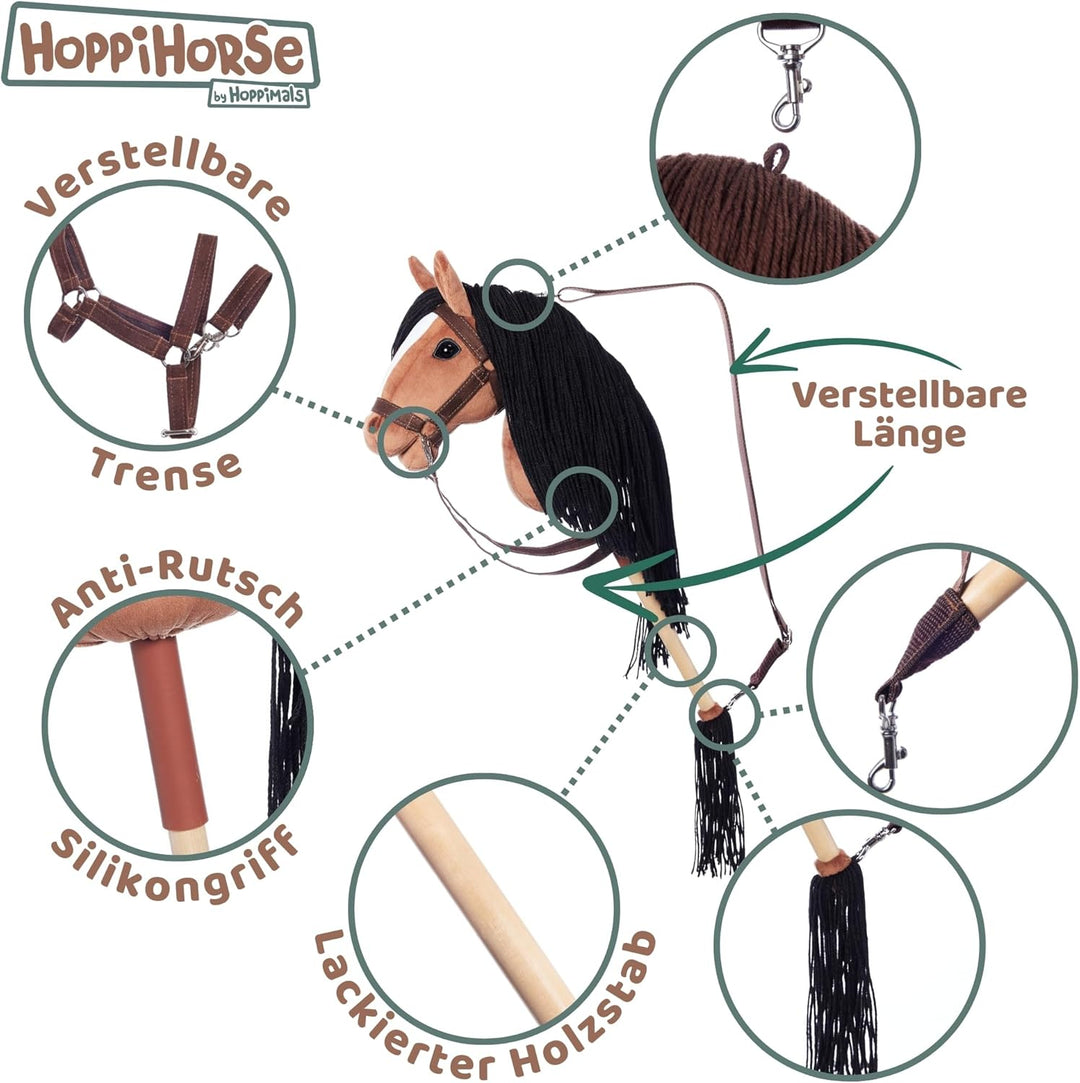 HOPPIHORSE Steckenpferd mit Trense - A4 - Hobby Horse mit Zügeln, Schultergurt, Schweif - hochwertig