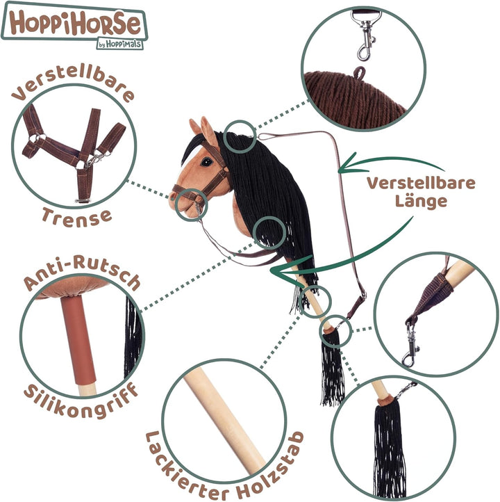 HOPPIHORSE Steckenpferd mit Trense - A4 - Hobby Horse mit Zügeln, Schultergurt, Schweif - hochwertig