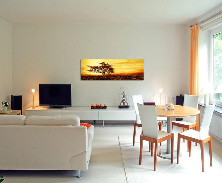 Panoramabild auf Leinwand und Keilrahmen 120x40cm Afrika Baum Silhouette Sonnenuntergang