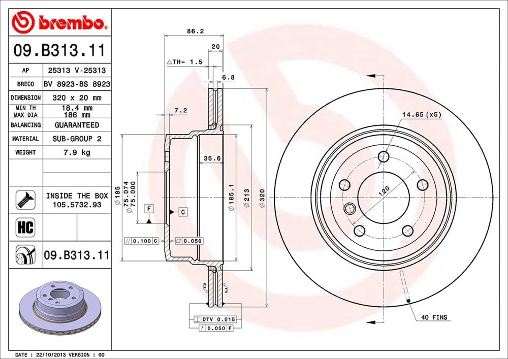 Brembo 09.B313.11 Hintere Bremsscheibe mit UV Lackierung