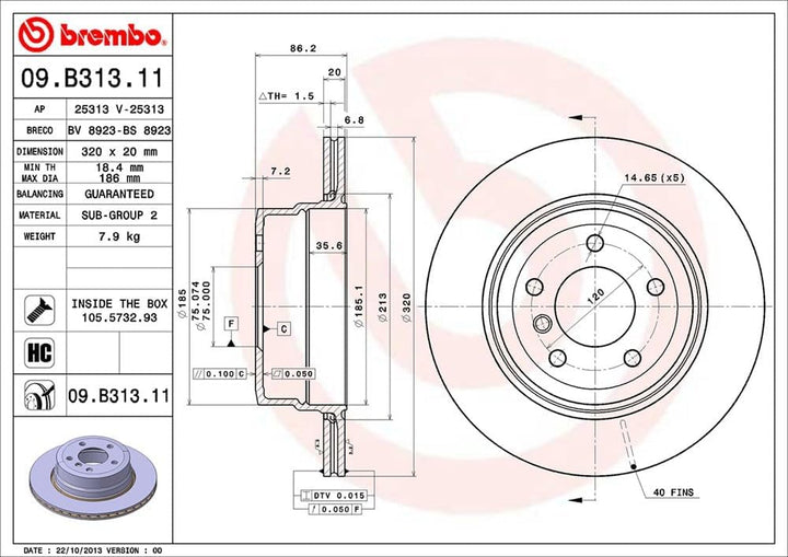 Brembo 09.B313.11 Hintere Bremsscheibe mit UV Lackierung