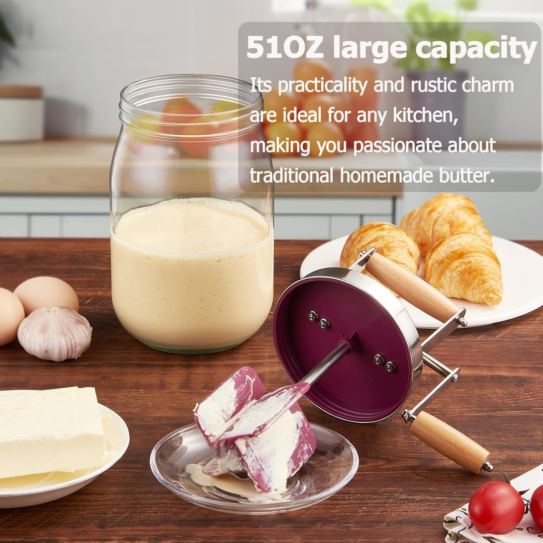 Butterfass Glas mit Handkurbel, 1,5L Butterfass Zum Butter Machen Mit Holzgriff Edelstahlgetriebe Ma