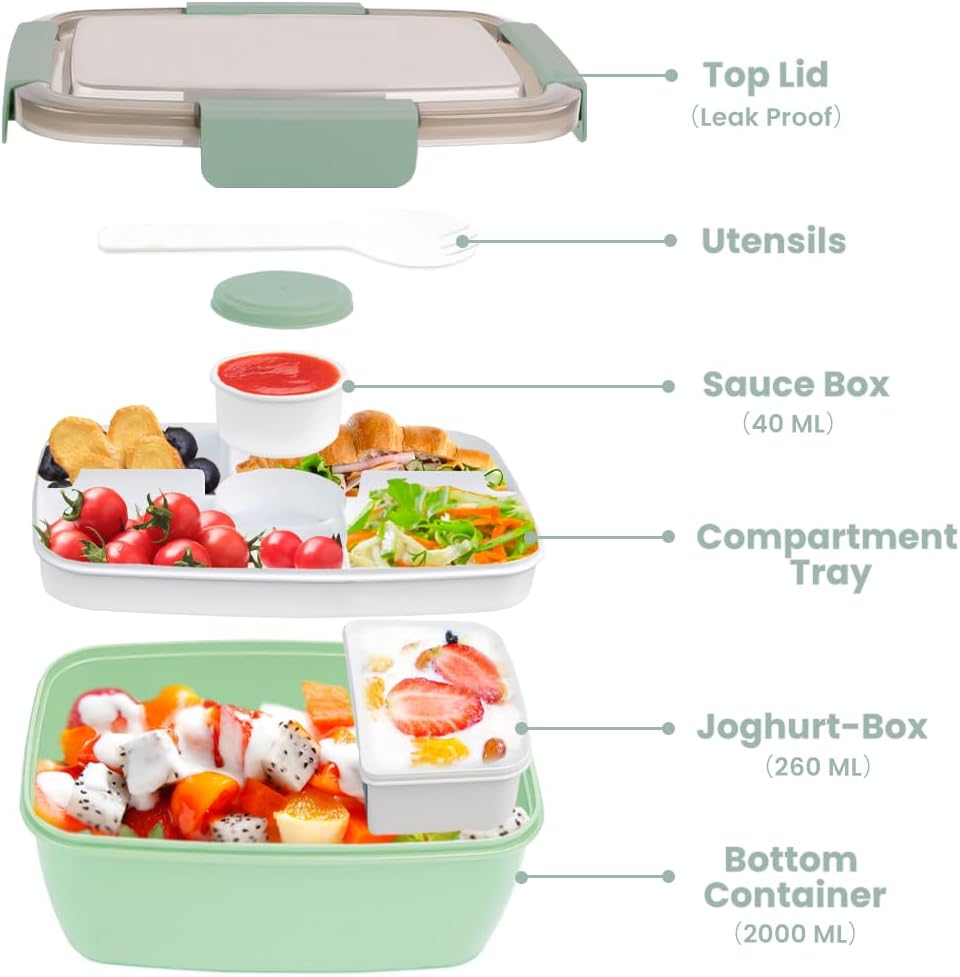 Bugucat Lunchbox Erwachsene 2000ML 2 Set,Auslaufsichere Brotdose Bento Box mit Fächern für Kinder,Sa