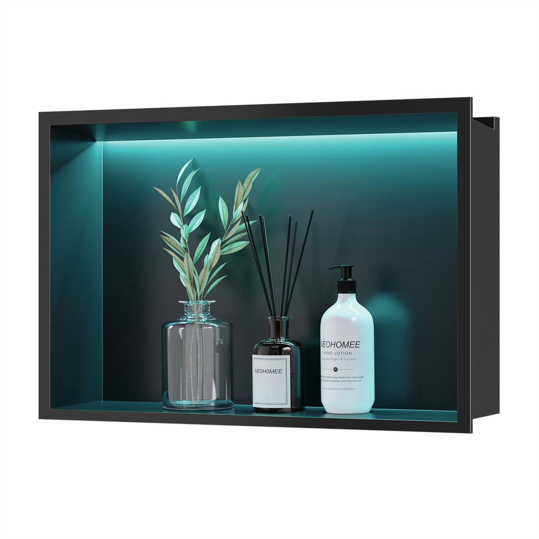 Wandnische Dusche Edelstahl mit RGB LED-Licht, Eingebettete Duschnische Schwarz Einzelregal Lagerung