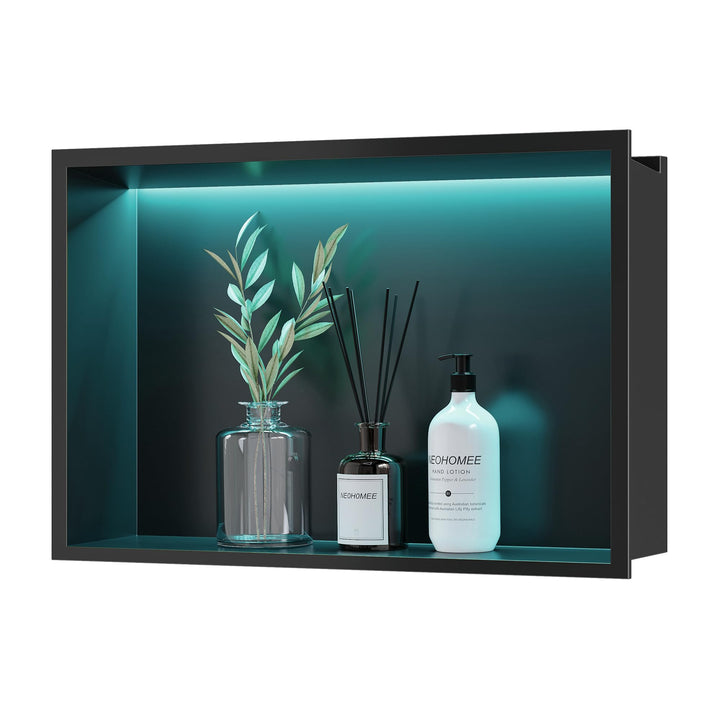 Wandnische Dusche Edelstahl mit RGB LED-Licht, Eingebettete Duschnische Schwarz Einzelregal Lagerung