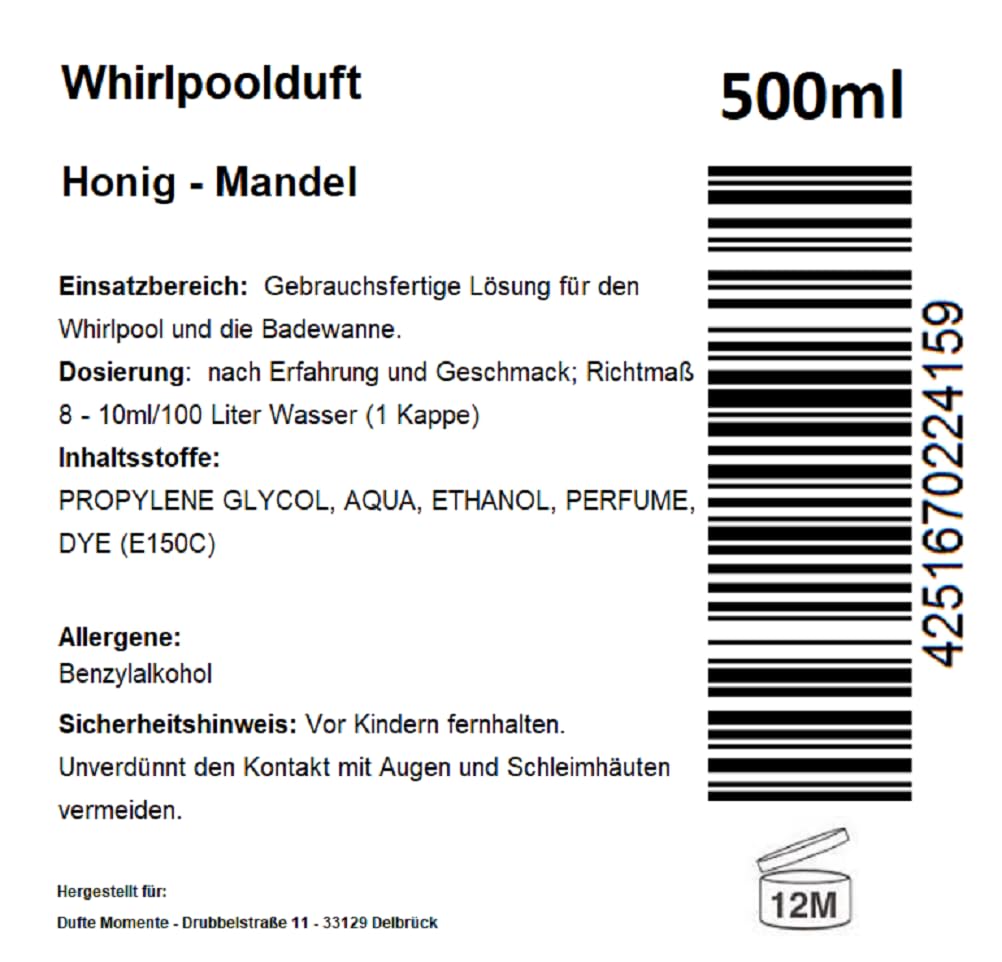 Dufte Momente | Whirlpool Duft 500ml | Honig - Mandel | mit naturreinen und natürlichen ätherischen