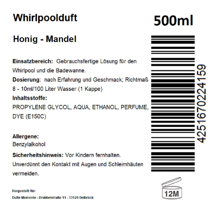 Dufte Momente | Whirlpool Duft 500ml | Honig - Mandel | mit naturreinen und natürlichen ätherischen