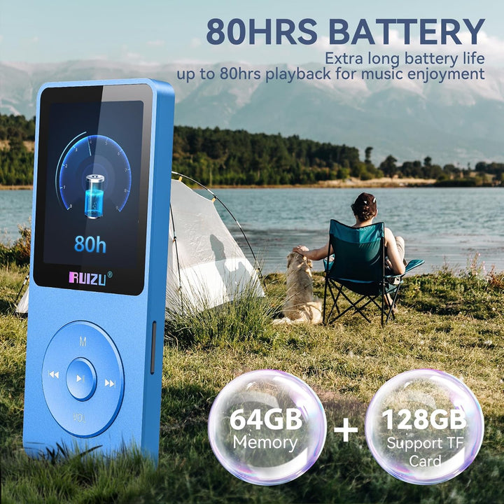 64GB MP3 Player mit Bluetooth 5.3, Ultraleicht (30 Gramm), bis zu 80 Stunden Akkulaufzeit, 1.8-Zoll-