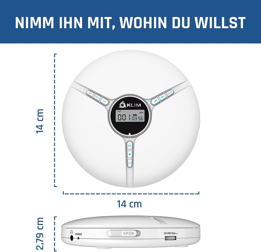 KLIM Discman - Tragbarer CD Player mit eingebautem Akku, inklusive KLIM Fusion Kopfhörer. Kompakter