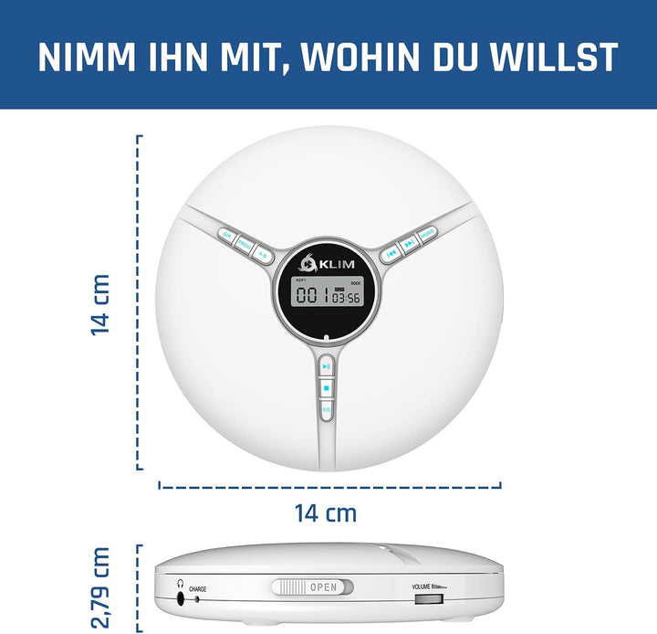 KLIM Discman - Tragbarer CD Player mit eingebautem Akku, inklusive KLIM Fusion Kopfhörer. Kompakter