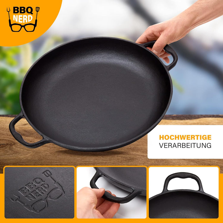 BBQ Nerd© Paellapfanne aus Gusseisen Ø 36 cm (6 Personen) | Antihaftpfanne mit Flachboden für tradit
