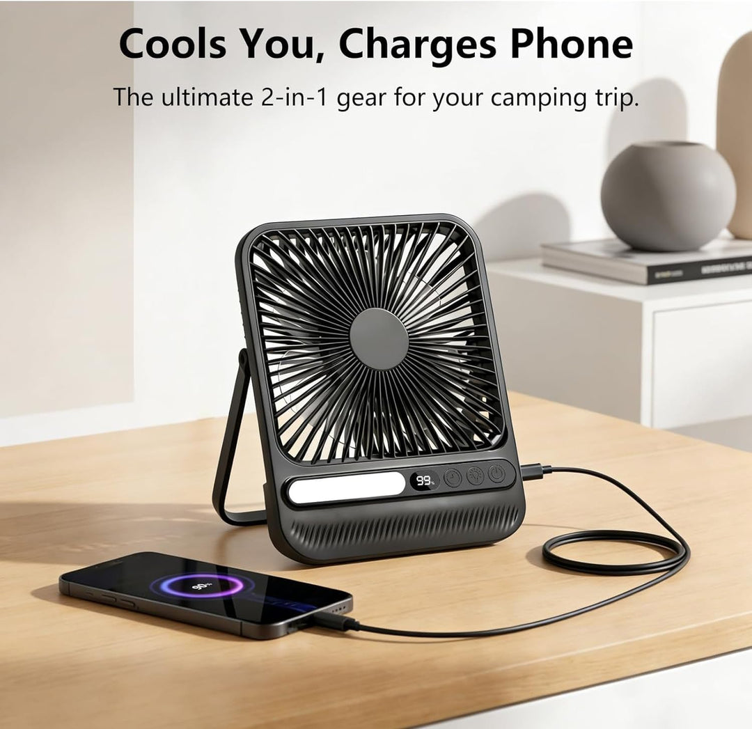 10000mAh Akku Ventilator, Sehr Leiser Tischventilator mit Lampe, 23 cm hoch, bis zu 28 Std. Laufzeit