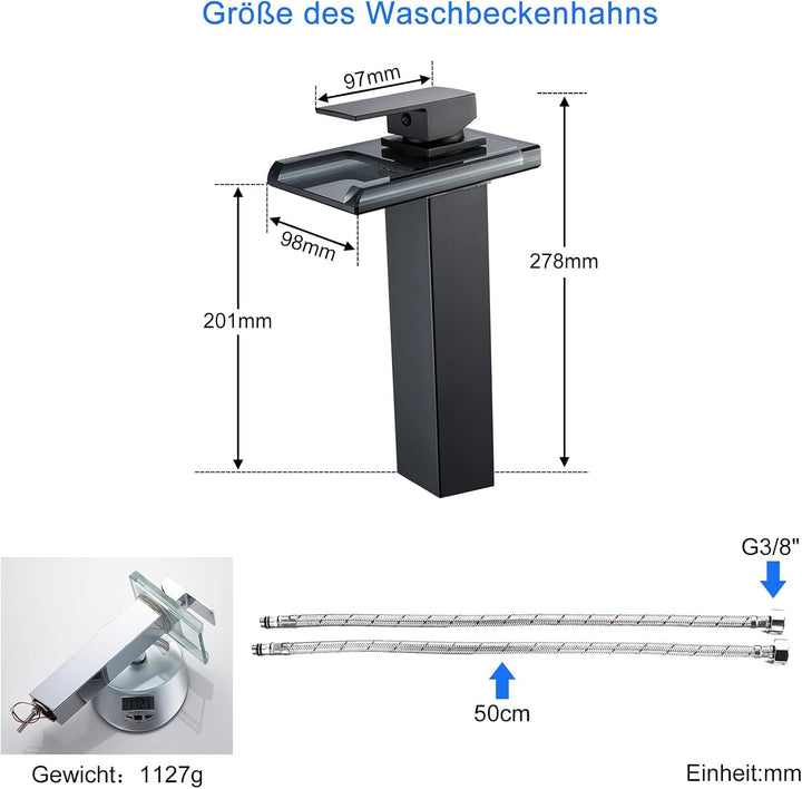 LED Schwarz Wasserfall Wasserhahn, RGB 3 Farbewechsel Waschtischarmatur Einhebelmischer mit Temperat