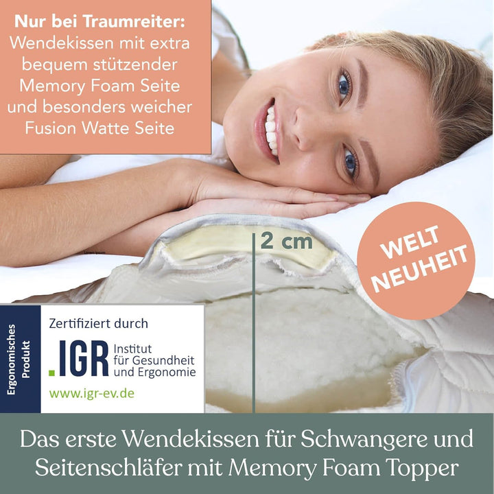 Traumreiter Seitenschläferkissen Visco XXL mit Bezug Baumwolle Sonnengelb Schilf - Hybrid Kissen + 2