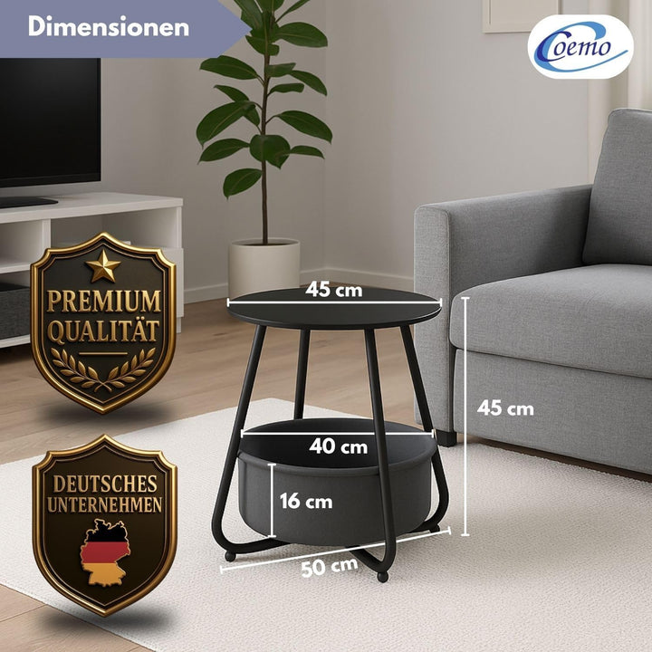 Coemo Couchtisch KOSI Schwarz aus Metall Ø 45 x 45 cm mit Aufbewahrungskorb Canvas, Beistelltisch ru