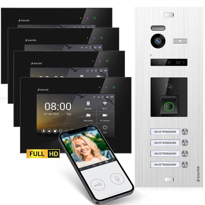 Balter EVO-HD Video Türsprechanlage mit Fingerprint, Video Türklingel, Smartphone App, 4 Familienhau
